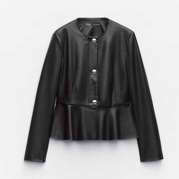 NWT. Zara Black Faux Leather Peplum Blazer/Jacket. Size L, XL. - Picture 6 of 16